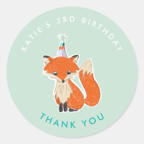 Mint Green Fox Party Hat Woodland Thank You Classic Round Sticker