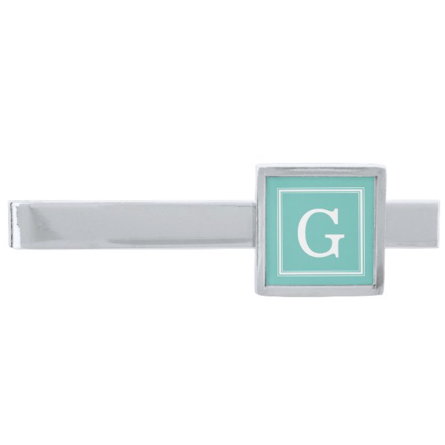 Mint Green Framed Monogram Silver Finish Tie Clip (Front)