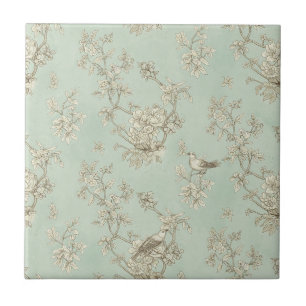 Mint Green French Country Birds and Floral Toile 1 Ceramic Tile