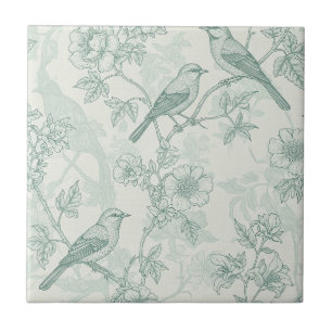 Mint Green French Country Birds and Floral Toile 2 Ceramic Tile