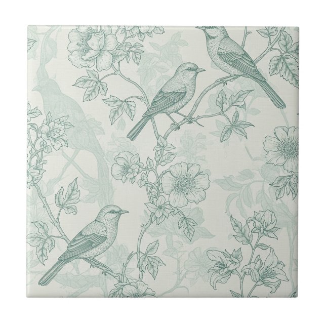 Mint Green French Country Birds and Floral Toile 2 Ceramic Tile (Front)