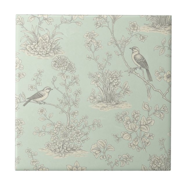 Mint Green French Country Birds and Floral Toile 3 Ceramic Tile (Front)