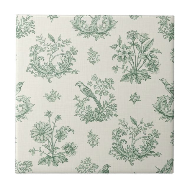 Mint Green French Country Birds and Floral Toile 4 Ceramic Tile (Front)