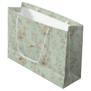 Mint Green French Country Birds and Floral Toile Large Gift Bag