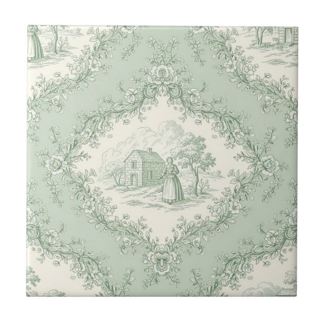 Mint Green French Country Floral Toile - Farmhouse Ceramic Tile (Front)