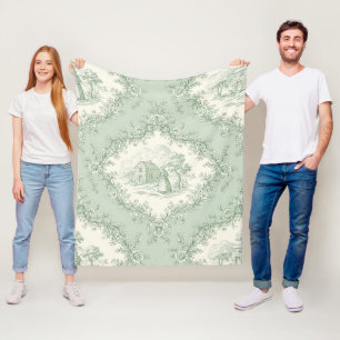 Mint Green French Country Floral Toile - Farmhouse Fleece Blanket
