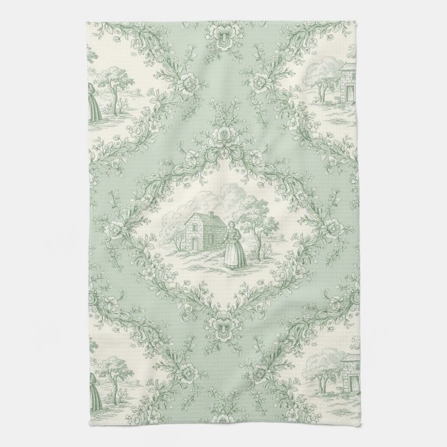 Mint Green French Country Floral Toile - Farmhouse Kitchen Towel (Vertical)