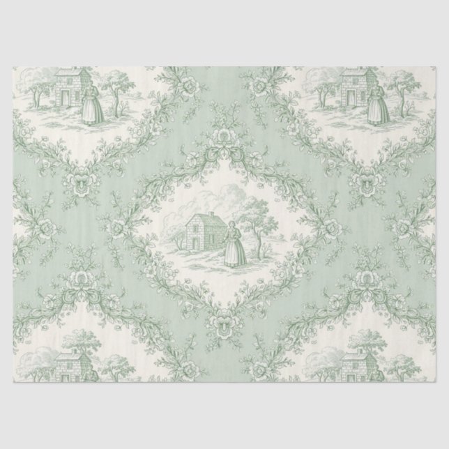 Mint Green French Country Floral Toile - Farmhouse Tissue Paper (Front)