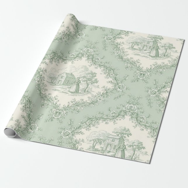 Mint Green French Country Floral Toile - Farmhouse Wrapping Paper (Unrolled)