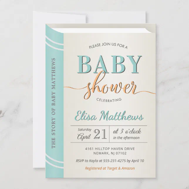 Mint Green Gender Neutral Book Library Baby Shower Invitation | Zazzle
