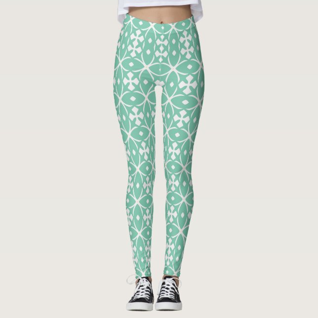 Mint Green Geometric Floral Leggings (Front)
