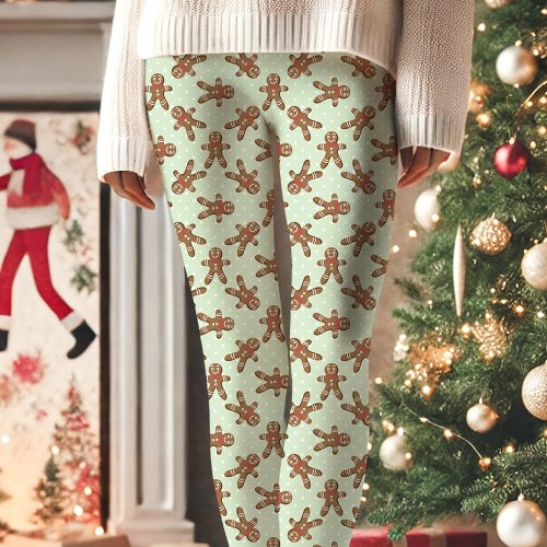 Mint Green Gingerbread Man Polka Dot Christmas Leggings