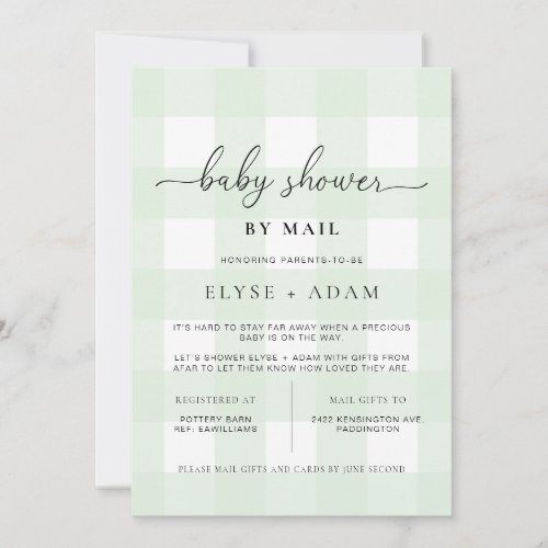Mint Green Gingham Baby Shower By Mail Invitation