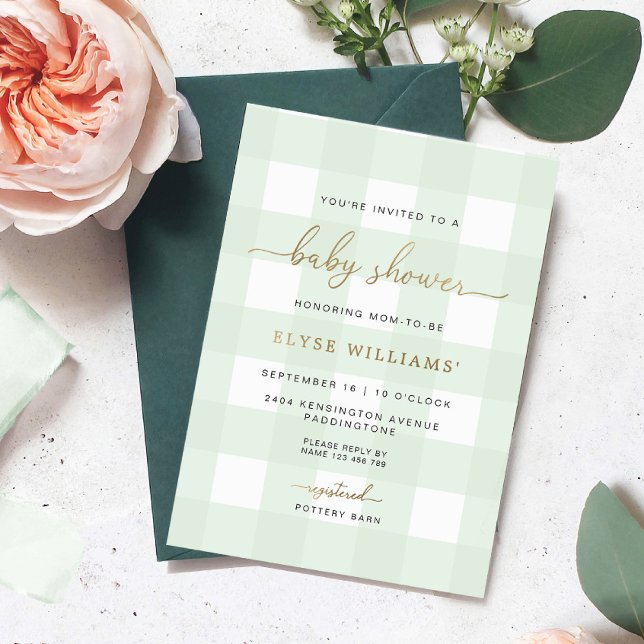 Mint Green Gingham Baby Shower Foil Invitation (Baby Shower Gold Foil Invitation Mint Green Gingham)