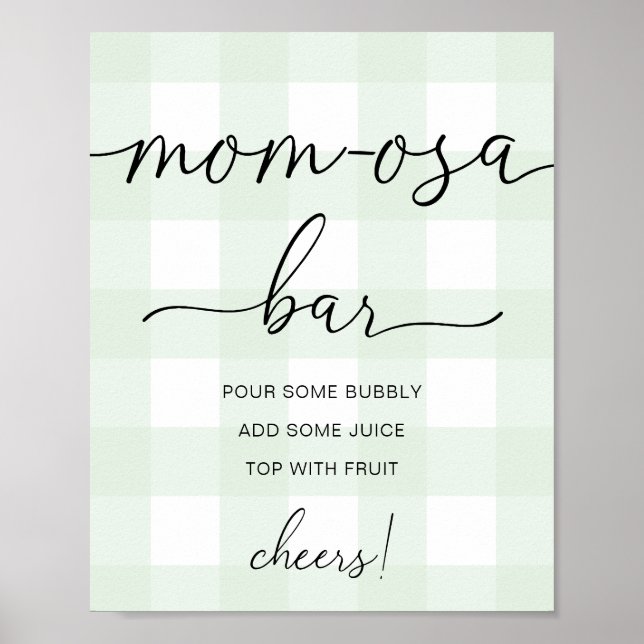 Mint Green Gingham Baby Shower Mom-osa Bar Sign (Front)