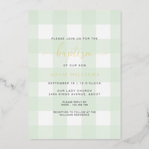 Mint Green Gingham Baptism Gold Foil Invitation