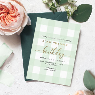 Mint Green Gingham Birthday Gold Foil Invitation
