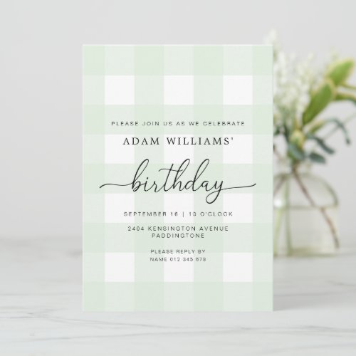 Mint Green Gingham Birthday Invitation