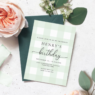 Mint Green Gingham Birthday Invitation