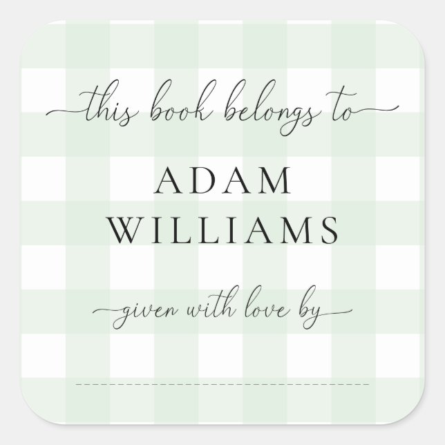 Mint Green Gingham Bookplate Sticker (Front)