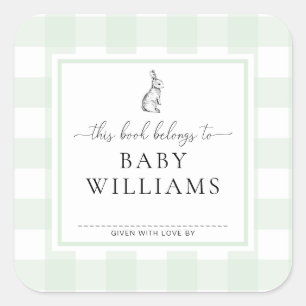 Mint Green Gingham Bunny Bookplate Sticker