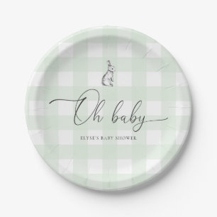 Mint Green Gingham Bunny Rabbit Baby Shower Paper Plates