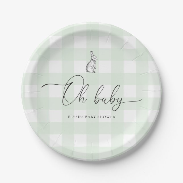 Mint Green Gingham Bunny Rabbit Baby Shower Paper Plates (Front)