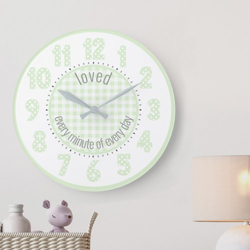 Mint Green Gingham Check and Polka Dot Numbers Large Clock