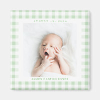 Mint Green Gingham Check Baby Birthdate Magnet