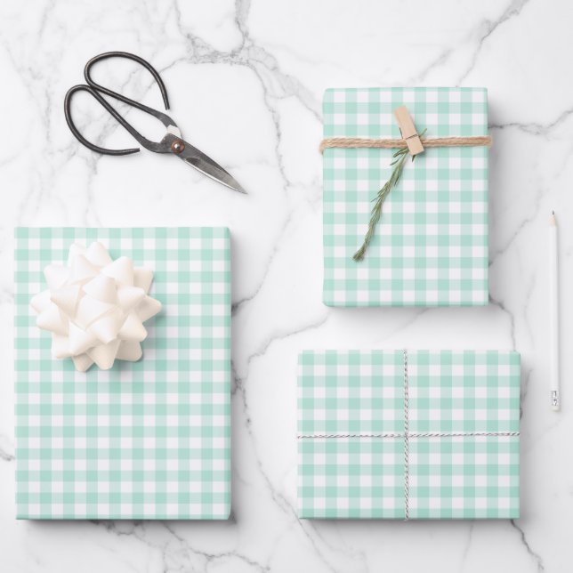 Mint Green Gingham Check Pattern Wrapping Paper Sheets (Front)