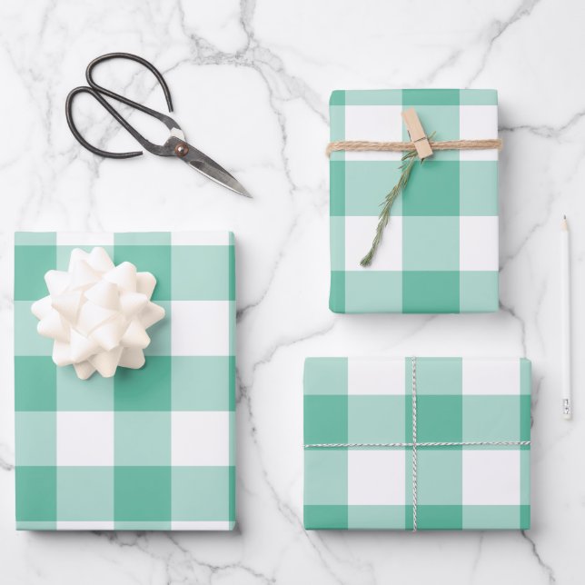 Mint Green Gingham Check Plaid Wrapping Paper Sheets (Front)