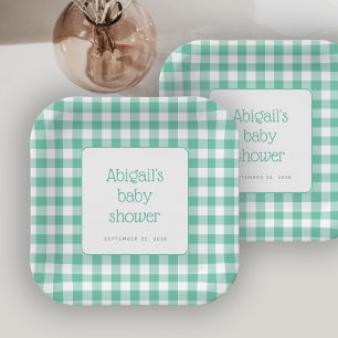 Mint Green Gingham Check Rustic Baby Shower Paper Plates