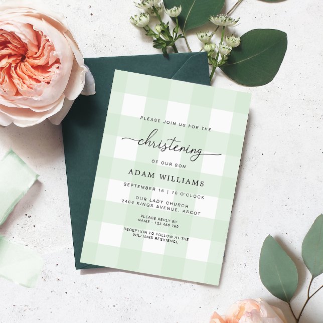 Mint Green Gingham Christening Invitation (Creator Uploaded)