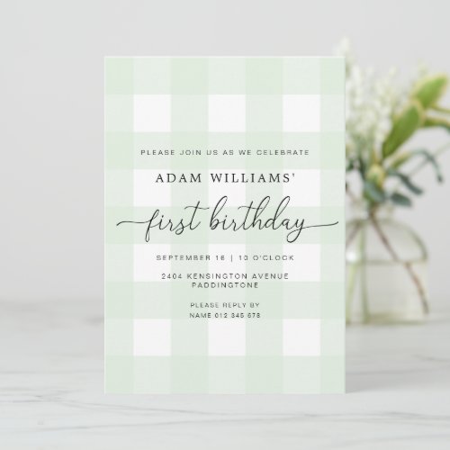 Mint Green Gingham First Birthday Invitation