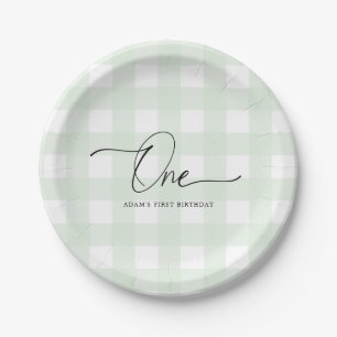 Mint Green Gingham First Birthday Paper Plates