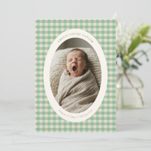 Mint Green Gingham Oval Photo Newborn Stats Birth Announcement