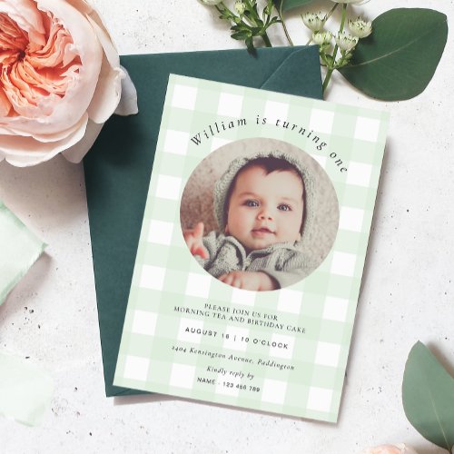 Mint Green Gingham Photo Birthday Invitation