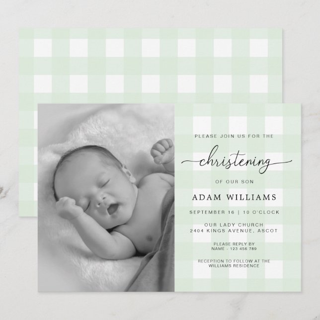 Mint Green Gingham Photo Christening Invitation (Front/Back)
