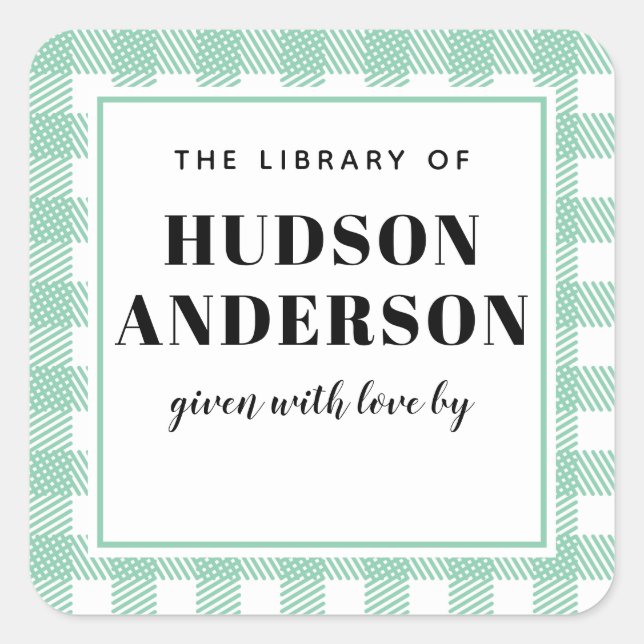 Mint Green Gingham Plaid Baby Boy Book Plate (Front)