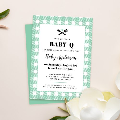 Mint Green Gingham Plaid Baby Shower BBQ Invitation