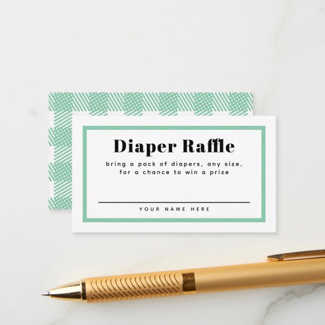 Mint Green Gingham Plaid Baby Shower Diaper Raffle Enclosure Card (Front/Back In Situ)