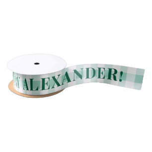 Mint Green Gingham Plaid Green Text Happy Birthday Satin Ribbon