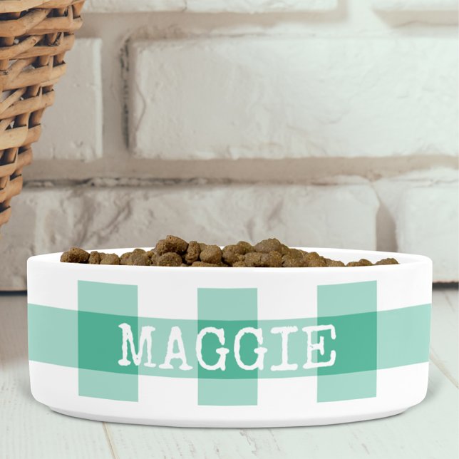 Mint Green Gingham Plaid Personalized Dog Bowl (Creator Uploaded)