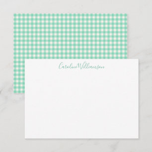 Mint Green Gingham Plaid Preppy Script Name Note Card