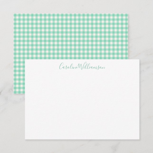 Mint Green Gingham Plaid Preppy Script Name Note Card (Front/Back)