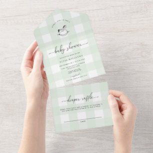 Mint Green Gingham Rocking Horse Baby Shower All In One Invitation