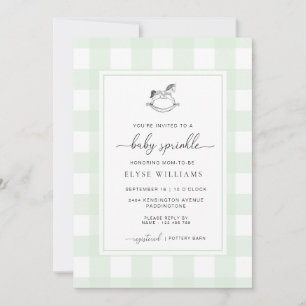 Mint Green Gingham Rocking Horse Baby Sprinkle Invitation
