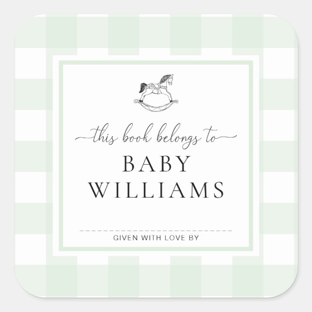 Mint Green Gingham Rocking Horse Bookplate Sticker (Front)