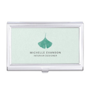 Mint Green Ginkgo Leaf Logo Minimalist Business Card Case