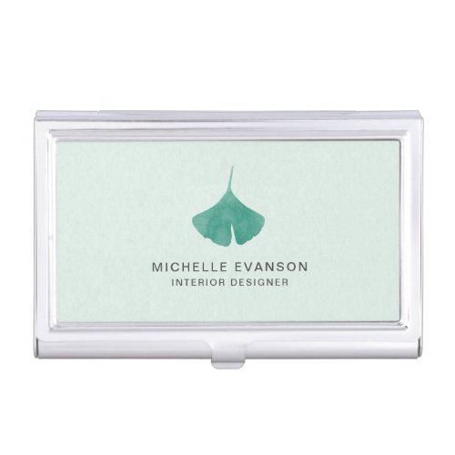 Mint Green Ginkgo Leaf Logo Minimalist Business Card Case